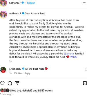 Nigerian forward bids emotional farewell to Arsenal after 14 years of service