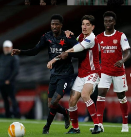 Slavia Prague No. 9 Olayinka reacts to draw against Arsenal in Europa League