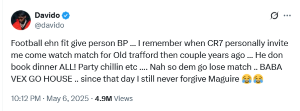 'I still haven't forgiven Maguire' - Davido Shares How Man Utd defender spoiled Ronaldo's plans