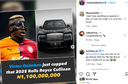 'Even Corolla we no get' – Boniface reacts light-heartedly to Osimhen's Rolls-Royce purchase