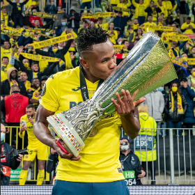 Chukwueze reacts to Villarreal's win against Manchester United in Europa League final